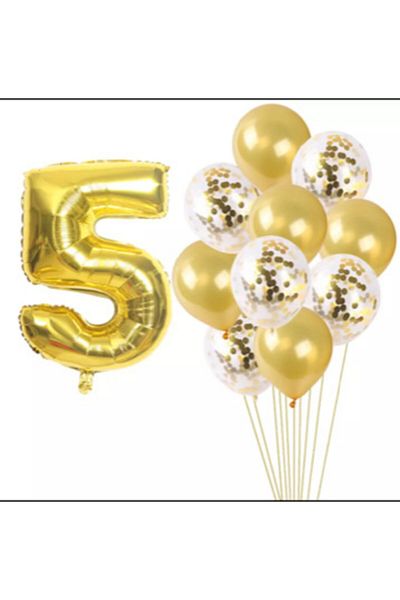 Deniz Party Store 5 Year Old Gold Confetti Transparent Balloon Set