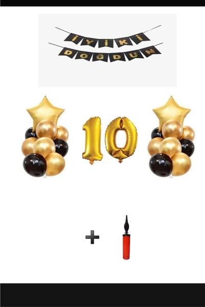 Şeker Adası 10 ani - Set de petrecere cu baloane din folie de aur + pompă pen...