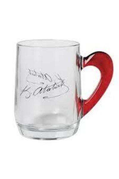 Paşabahçe Ataturk Signed Glass Mug with Red Handle