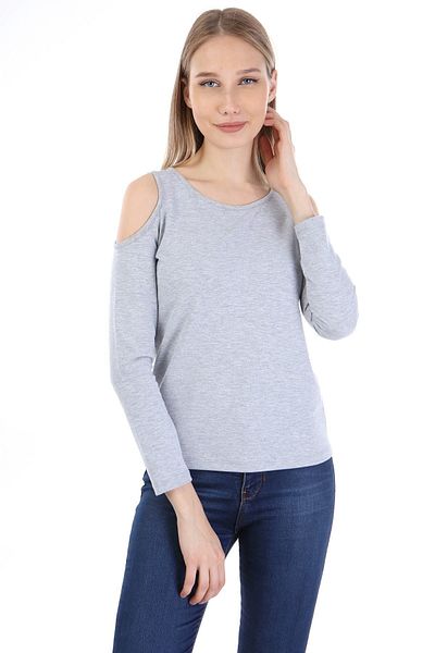 KİM Kİ O Women's Gray Two Thread Shoulders Open Tween Sleeve Blouse