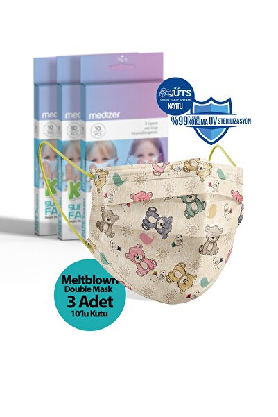 Medizer Renkli Ayıcıklar Desenli 3 Katlı Meltblown Cerrahi Çocuk Maskesi 10'l...