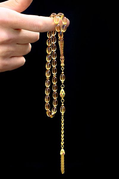 Tesbih Otağı Certified Gold Plated Fire Amber Rosary with Silver Tassels