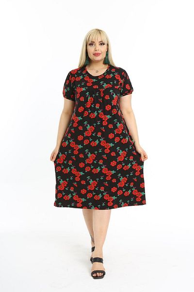 Şirin Butik Women's Large Size Casual Viscose Dress with Chest Robe and Poppy Pattern
