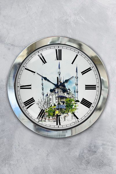 Kasva Concept Gift 36 cm Chrome Metal Sultanahmet Themed Wall Clock