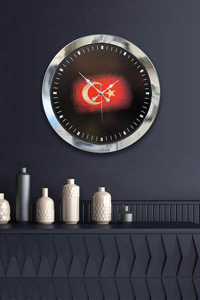 Kasva Concept 36 cm Chrome Metal Turkish Flag Wall Clock
