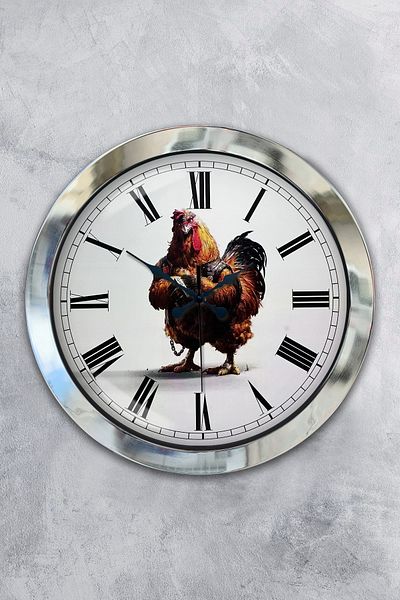 Kasva Concept Gift 36 cm Chrome Metal Rooster Roman Numeral Wall Clock