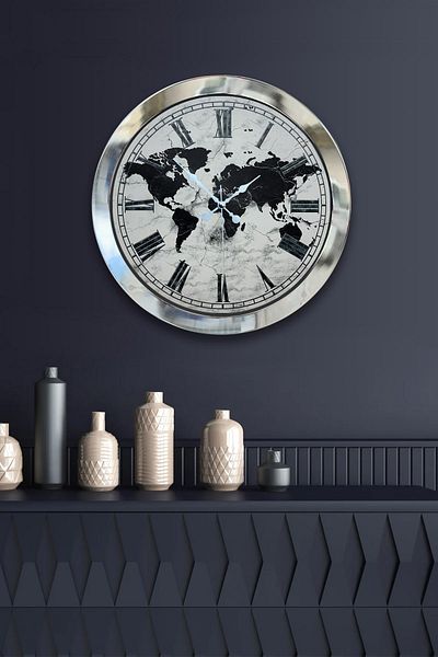 Kasva Concept Gift 36 cm Chrome Metal Map Wall Clock