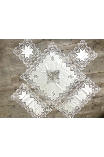 bursa çeyiz Krem Azra Kadife Fransız Dantelli 5 Parça Salon Takımı