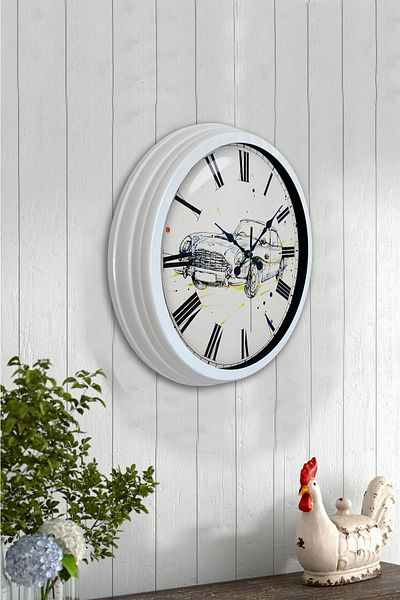 Kasva Concept Gift 40 cm White Metal Car Wall Clock