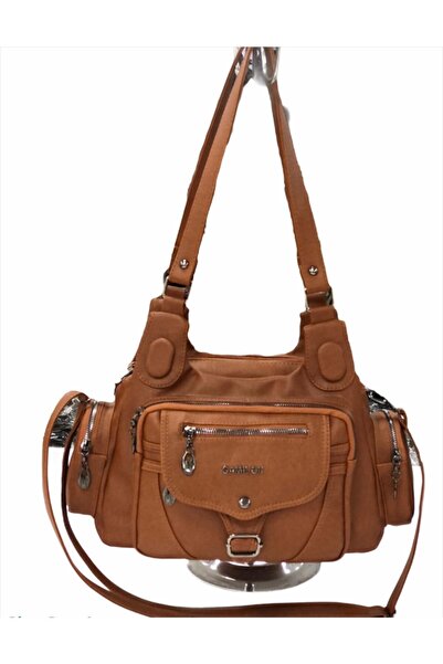 samilon Yıkama Deri Taba Çok Gözlü Kadin Omuz Çantası