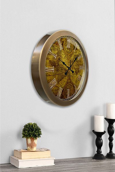 Platin Saat Gift 36 cm Antique Metal Map Wall Clock