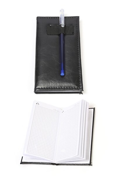 Asker Marketi Siyah Deri Kaplı Kareli Ince Not Defteri - 17 cm-9 cm