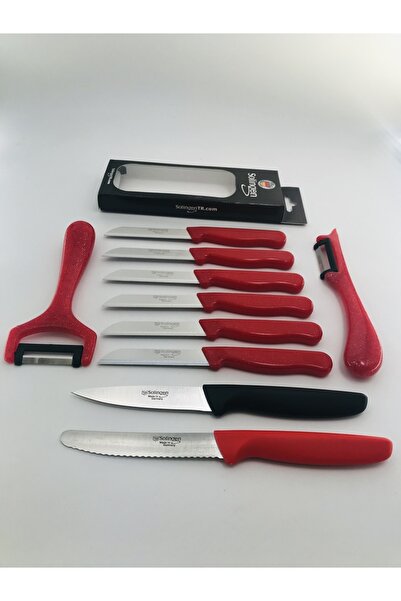 Solingen Kırmızı Simli 6 Adet Bıçak, 1 Tırtıklı 1 Tırtıksız Doğrama Bıçağı, 1 Yansoy 1 Sapan Soyacak Seti