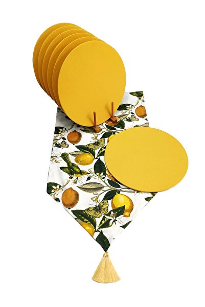 Viemso Limon Desenli Runner, 4'lü Sarı Supla Kılıfı (ahşap Suplalar Hariç)