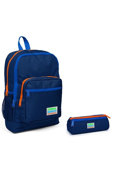 Coral High Set rucsac și suport stilou pentru școală elementară - fermoar bleumarin portocaliu-albastru