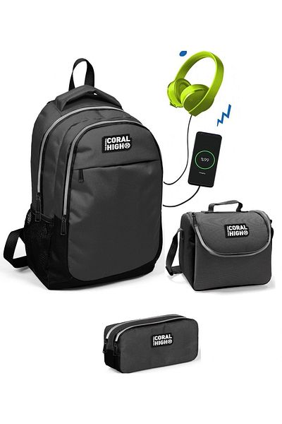 Yaygan Coral High Boy Black-gray 3-Piece Bag Set - With USB Socket