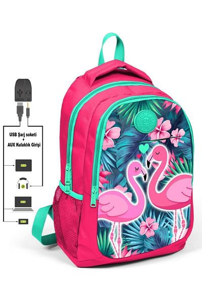 Yaygan Coral High Pomegranate Flower Flamingo Girl's Primary School Bag and Pen Holder Set - With USB Socket