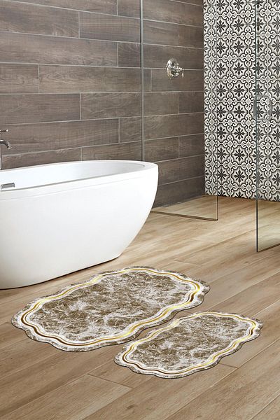 Alanur Home Laser Cut Djt 2 τεμαχίων πλενόμενη αντιολισθητική βάση Χαλάκι μπάνιου Σετ καθίσματος τουαλέτας 203 Figured Beige