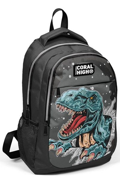 Yaygan Coral High Boy's Gray Dinosaur Printed School Backpack and Lunchbag