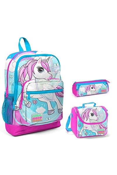 Coral High Mavi Unicorn Baskılı Kız Çocuk 3'lü Ilkokul Çanta Seti