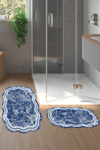 Alanur Home Laser Cut Djt 2 Pack Πλενόμενη αντιολισθητική βάση Χαλάκι μπάνιου Σετ Τουαλέτας 203 Figured Navy Blue
