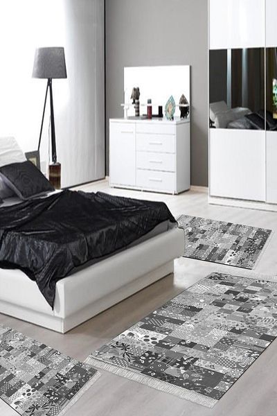 Alanur Home Eko Djt Πλενόμενη αντιολισθητική βάση 3 τεμαχίων κρεβατοκάμαρας Mu148 Patchwork Grey