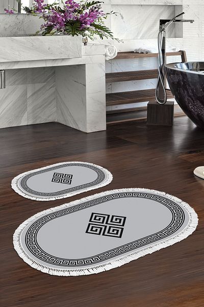 Alanur Home Eko Trend Djt 2 Pack Πλενόμενη αντιολισθητική βάση Οβάλ Χαλάκι μπάνιου 656m Μοντέρνο Γκρι (60 X 100 - 50 X 60)