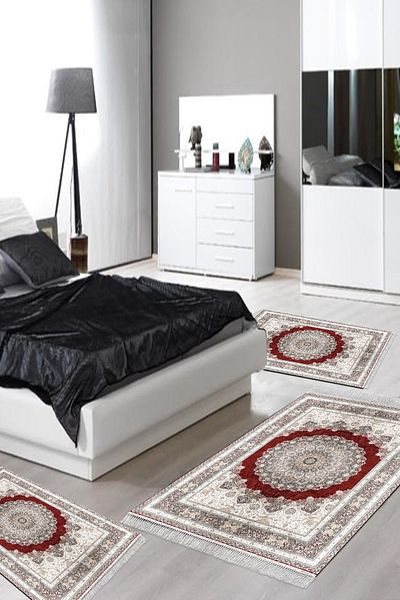 Alanur Home Eko Trend Djt Πλενόμενη αντιολισθητική βάση 3 τεμαχίων κρεβατοκάμαρας 1909 Ottoman Red