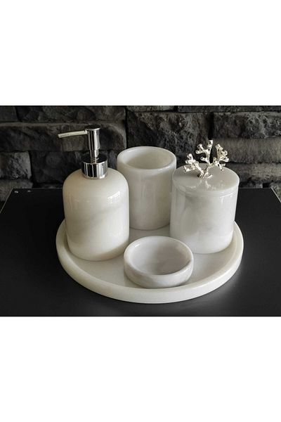 Polen Stone 5-Piece Bathroom Set with White Marble Silver Coral Accessories
