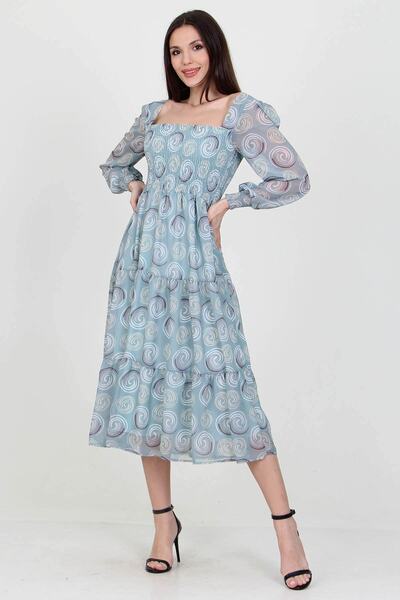 Neşeli Butik فستان شيفون نسائي منقوش برقبة مربعة بلون النعناع Nb100361