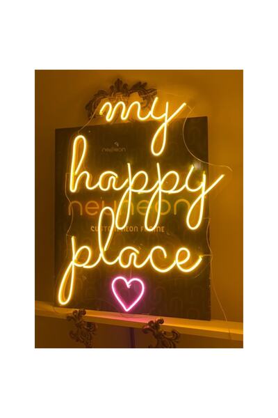 TuransoyCraft Neon Led Dekoratif Duvar Yazısı Tablo My Happy Place Kalpli 60x...
