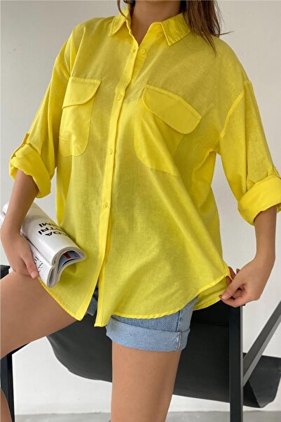 FEMELLE Női sárga hátsó ablak vékony nyári 100% pamut ing