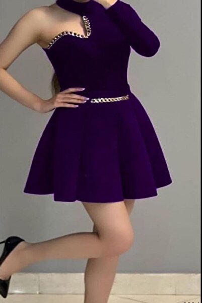 Secret Passion Lingerie Mor Scuba Kumaş Zincir Detay Mini Abiye Ve Mezuniyet Elbisesi 685 582094