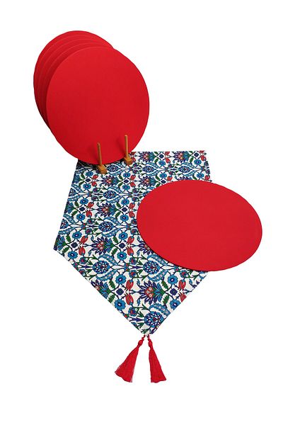 Viemso Tile Patterned Runner, 6-Piece Red Charger Plates (Excluding Wooden Charger Plates)