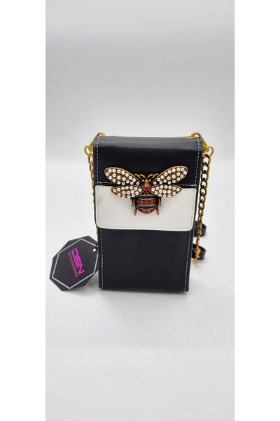 DSN Women's Black Bag Wallet with Butterfly Brooch Strap