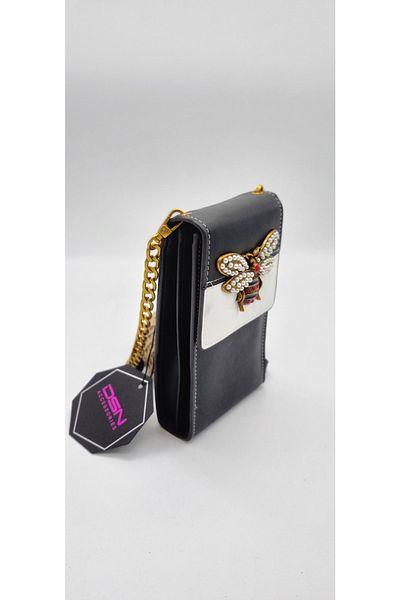 DSN Women's Black Bag Wallet with Butterfly Brooch Strap
