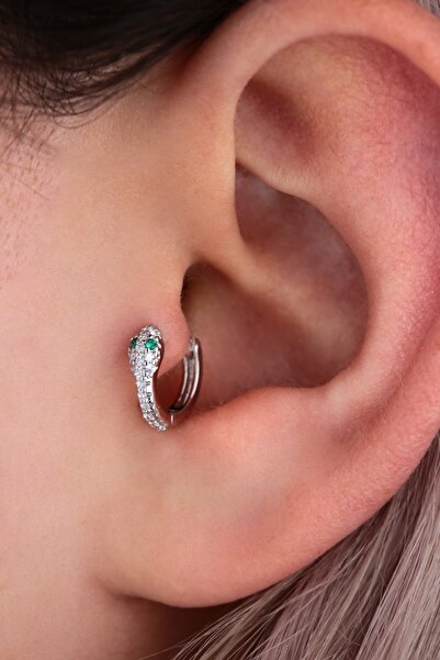Vilma Aksesuar Cerrahi Çelik Taşlı Yılan Tragus - Helix Halka Piercing (6mm) Gümüş Renk