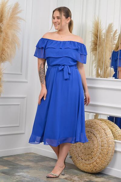 Neşeli Butik Γυναικείο φόρεμα Saks Blue Carmen με γιακά σιφόν μεγάλου μεγέθους Nb8061