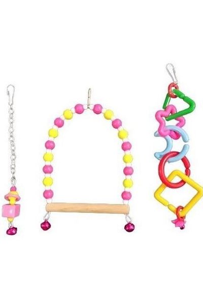TUĞRA PET MARKET Budgie, Bird Swing, Bird Bell, Ring Toy and Swing Set Colorful Pink Set