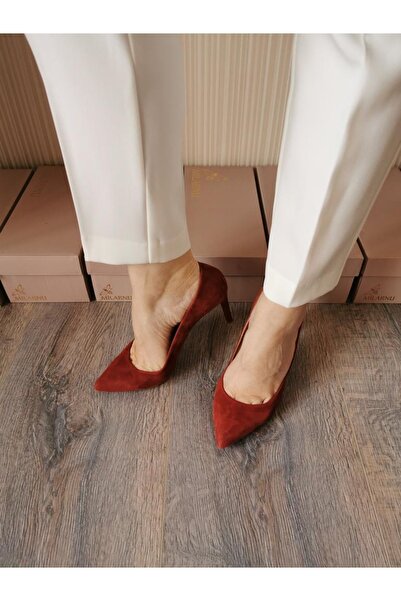 MİLARNU Kadın Kiremit Süet Gerçek Deri Çok Rahat Kalıp Stiletto