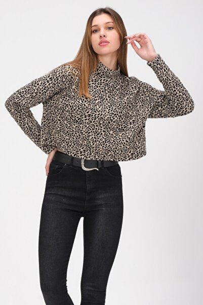 PUNKY CAT Γυναικεία μπλούζα με γιακά με λεοπάρ τετράγωνη ραφή