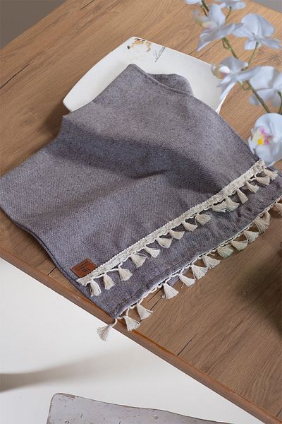vivamaison Кафяв обикновен памучен плат с пискюли 45x150 см покривка за маса