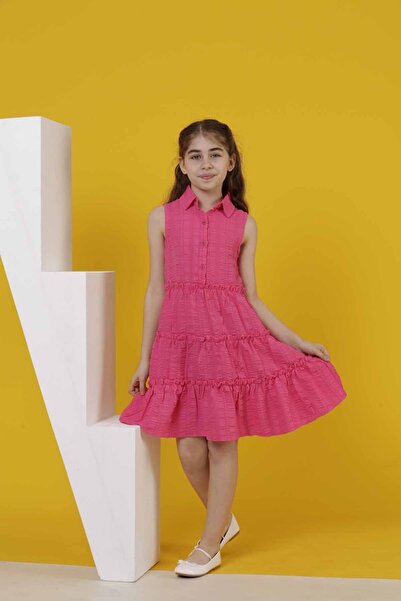 Smile Kids فستان بناتي بسيط وأنيق ومريح بأكمام صفر وياقة بأزرار