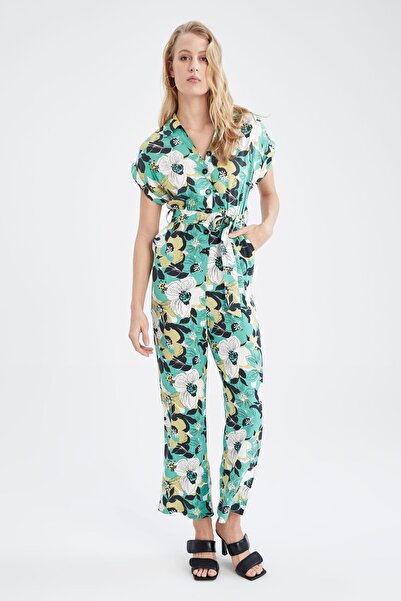DeFacto Patterned Shirt Collar Short Sleeve Belted Midi Jumpsuit