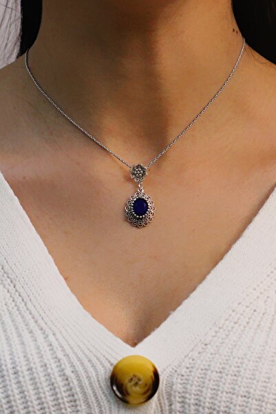 Midyat Nurtaş Gümüş Safir Taşlı Elips Model Oksitli Telkari Gümüş Kolye