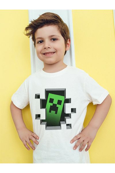 MINECRAFT تي شيرت أبيض للأطفال مطبوع عليه زاحف