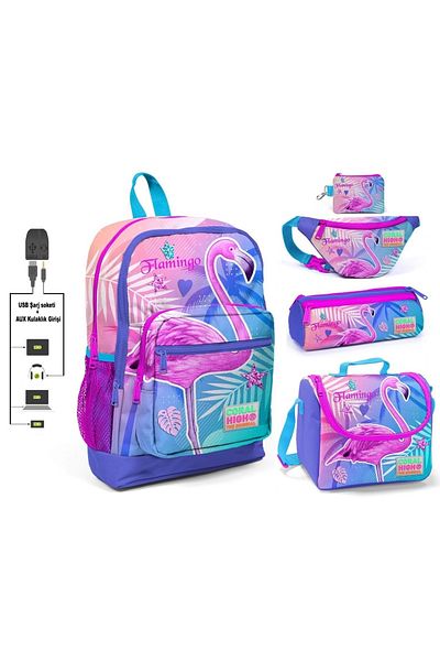 Coral High Set de genți cu 5 prize USB cu imprimeu flamingo roz pentru fete