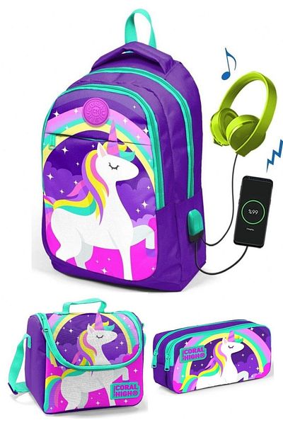 Yaygan Purple Unicorn 3-Piece Bag Set - Coral High Girl with USB Socket