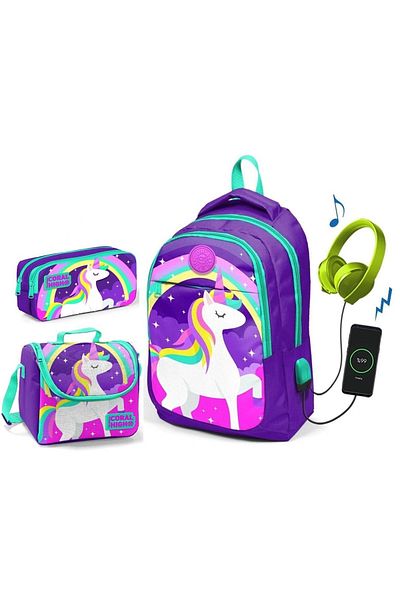 Yaygan Purple Unicorn 3-Piece Bag Set - Coral High Girl with USB Socket
