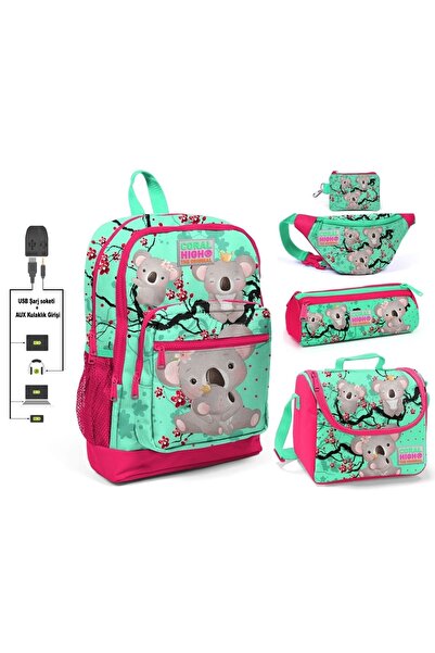 Coral High Yeşil Koala Baskılı Kız Çocuk Ilkokul 5'li Çanta Seti - Usb Soketli